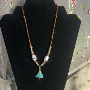 Glass Beaded Necklace with Ceramic Pendant